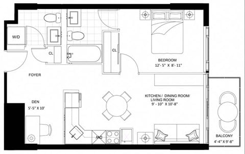 Floor plan for 1 bed, 2 baths, 533 sqft